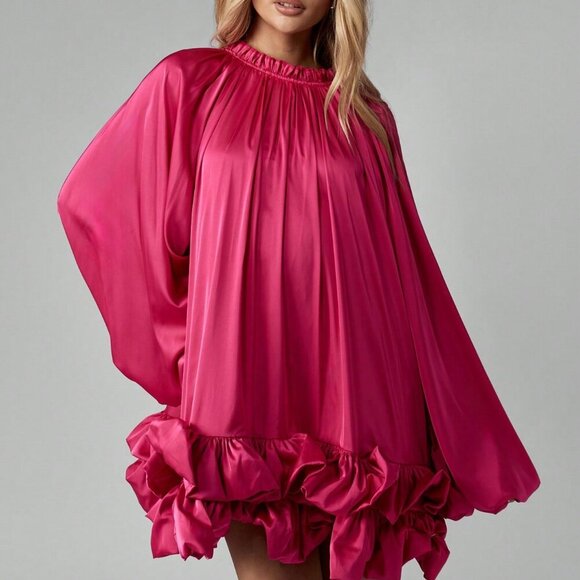 Hot Pink Party Women's Ruffle Hem High Neck Satin Elegant Mini Dress - Picture 6 of 8